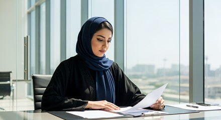 A focused businesswoman in a hijab meticulously reviews important documents at her modern desk, bathed in natural sunlight streaming through large .