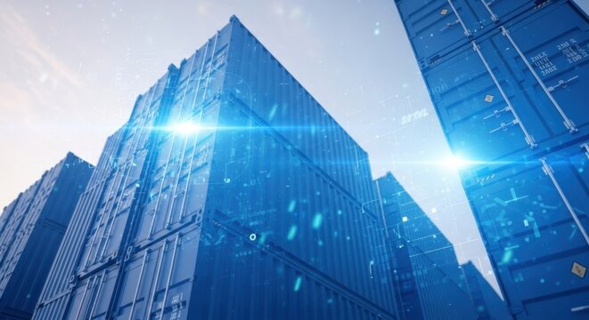 Futuristic Blue Shipping Containers with Data Overlay and Lens Flare