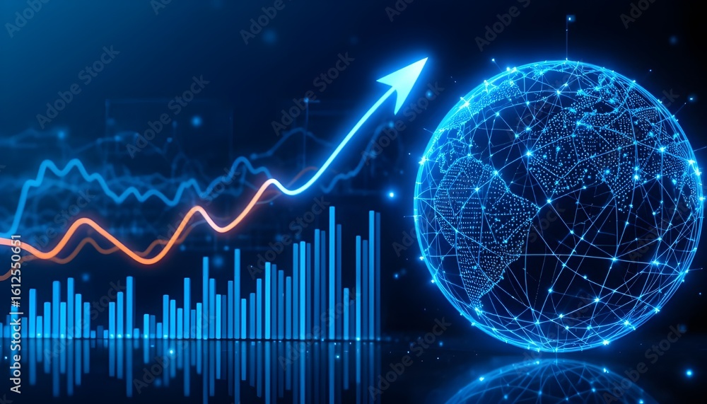 Aufkleber global network with rising arrow and bar graph on a dark blue background reflecting below it