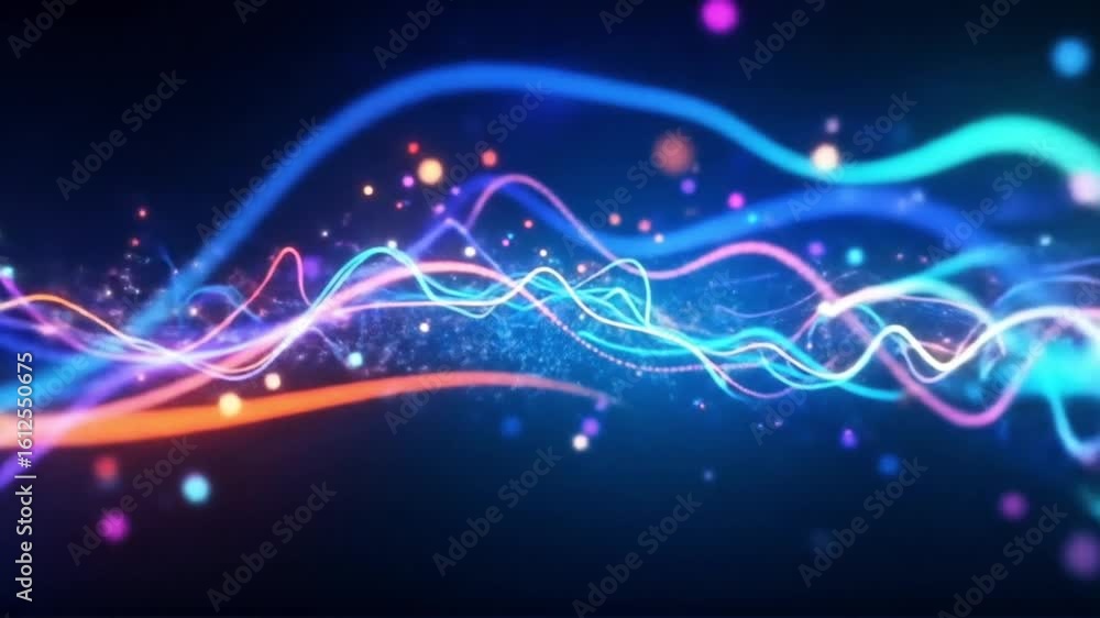 Poster dynamic wave motion graphics with colorful lines and sparkling particles