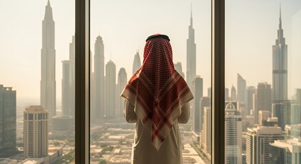 A businessman in traditional Middle Eastern attire gazes out a skyscraper window at a breathtaking panoramic city view, contemplating the future of his business empire.