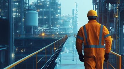 A man in an orange safety suit walks across a bridge in front of a large industrial plant. Concept of caution and responsibility, as the man is likely working in a hazardous environment