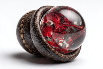 Red-swirled glass marble resting in dark stitched leather ring holder
