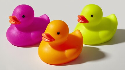 Three rubber ducks in pink orange and yellow colors with orange beaks and black eyes
