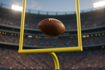 Football passing through goalposts at sunset, ideal for sports, football, and competition marketing.
