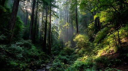Obraz premium Lush Forest with Sunlight and Stream