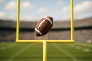 Football soaring through the goalposts under clear skies, perfect for victory, sports, and achievement marketing.
