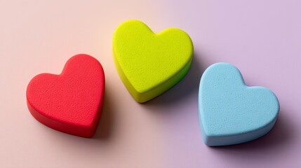 three fridge magnets shaped like hearts, each in a different vivid color, casually arranged on a clean pastel background, no shadows --ar 16:9 --raw --v 7 Job ID: 7b788f69-63dd-4c72-9734-d39e2c7ed59f