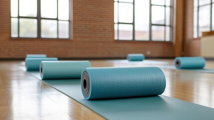 Yoga class for athletic recovery with foam rollers in a spacious studio environment