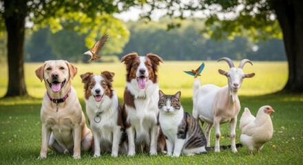 A Diverse Group of Farm Animals and Pets Posing Together Outdoors on a Sunny Day
