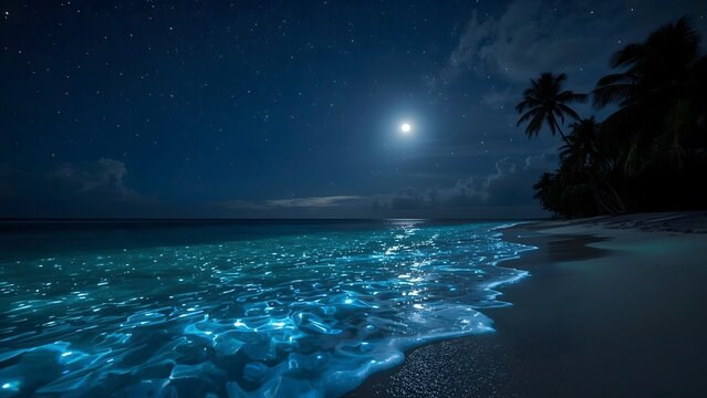 Beautiful tropical beach at night with full moon and starry sky