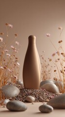 Mock-up of an elegant shampoo bottle surrounded by delicate flowers and smooth stones. Beauty and hair care aesthetics