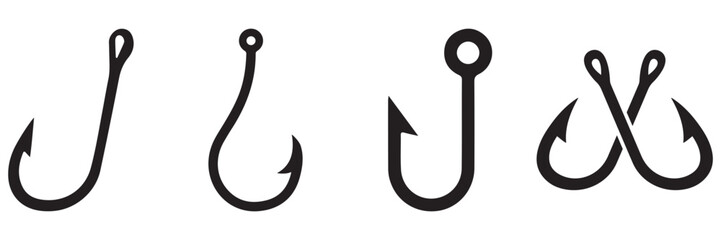 Fishing Hook Icons Collection – Vector Silhouettes and Logo Elements for Angling and Outdoor Design