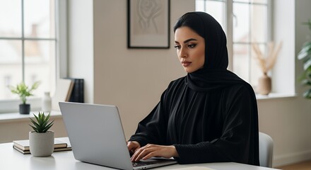 A woman in a hijab sits at a desk, thoughtfully working on her laptop computer in a bright, modern home .