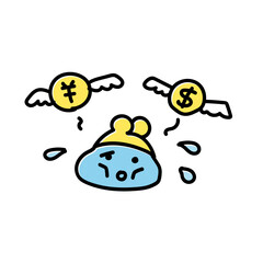 お金が飛んでいく！涙を流す巾着キャラクターのかわいい支出イラスト｜家計・節約・金融トラブル素材