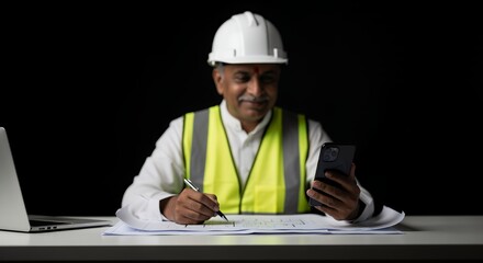 A senior construction engineer reviews blueprints while using a smartphone and laptop late at night.