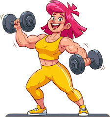 Energetic Cartoon Female Weightlifter in Dynamic Pose