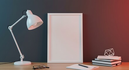 Mockup Frame Standing on Desk with Lamp Books and Decor Still Life