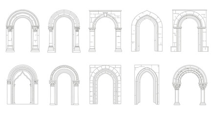 Collection of detailed architectural arch drawings featuring various styles and stone textures ideal for historical or fantasy illustrations and design