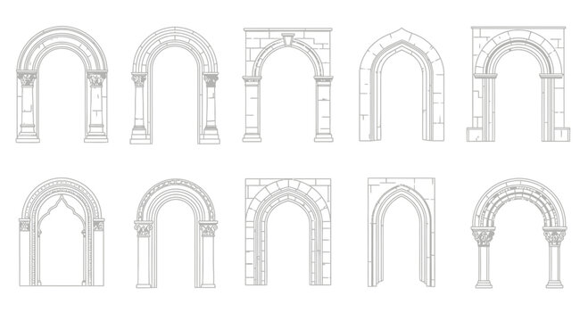 Collection of detailed architectural arch drawings featuring various styles and stone textures ideal for historical or fantasy illustrations and design