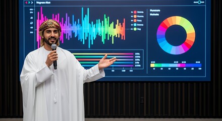 A man in traditional Middle Eastern attire confidently presents data visualizations on a large screen during a presentation.