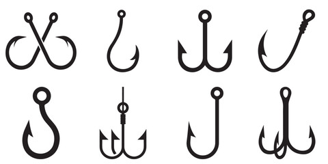 Fishing Hook Icons Collection – Vector Silhouettes and Logo Elements for Angling and Outdoor Design