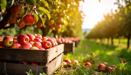 Wooden crates filled with ripe red apples sit under orchard trees.