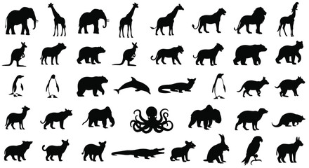 Fototapeta premium Diverse Wildlife Silhouette Collection Black and White Animal Kingdom Vector Illustration for Educational and Decorative Purposes