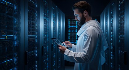A male IT specialist meticulously examines server data on a tablet device within a modern data center, showcasing advanced technology and digital infrastructure management.