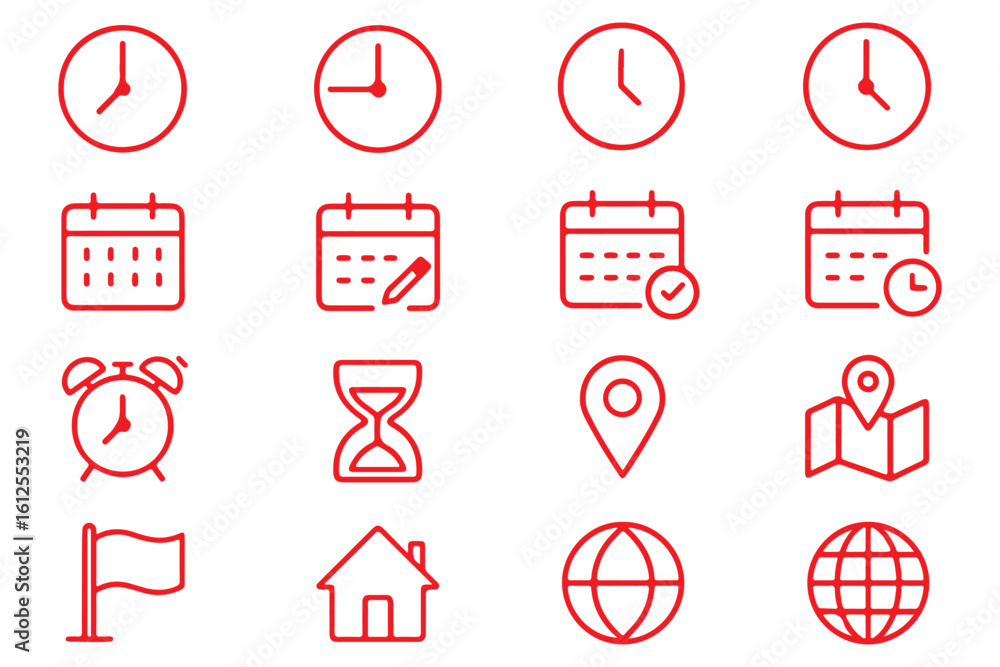 Poster time, date and address line icons set. editable stroke for mobile and web. isolated on white backgro