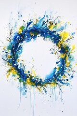 Abstract wildflower wreath in vibrant blue and yellow tones, painted wet-on-wet with splatter effects, featuring delicate floral details and artistic brushstrokes.