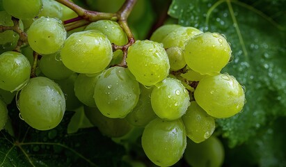 Close-up of fresh green grapes with glistening water droplets in a garden during rainfall, highlighting natural freshness and vibrant color of organic fruit