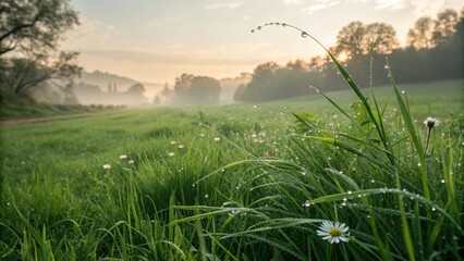 Misty morning meadow with dew drops and soft sunlight