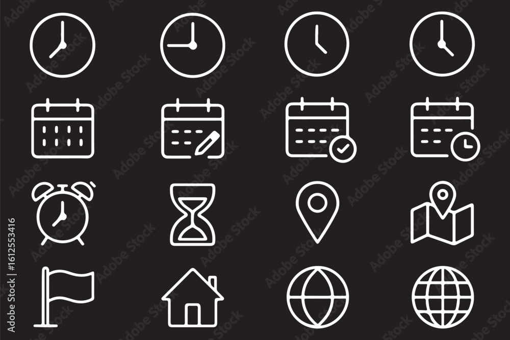 Poster time, date and address line icons set. editable stroke for mobile and web. isolated on white backgro