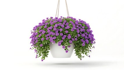 Cascading purple flowers in a white hanging pot isolated on white