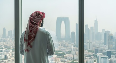 A man in traditional Middle Eastern attire gazes out a skyscraper window at a sprawling modern city skyline.