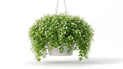 Cascading green plant in a hanging pot with white blooms