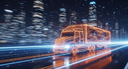 Futuristic Truck Concept: Digital Lorry Speeding Through Neon Cityscape at Night