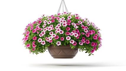 Abundant pink and white petunias cascade from a hanging planter