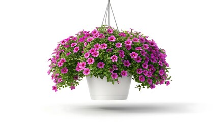 Cascading pink petunias in a white hanging planter
