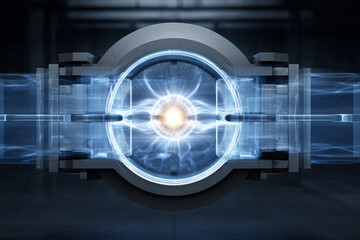 High tech fusion reactor or particle accelerator with glowing energy core and advanced machinery, showcasing futuristic science and energy technology, with bright light and electric sparks