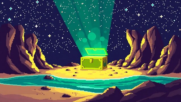 8-bit pixel art of a treasure box glowing in a chest-shaped crater on a starry beach, mysterious aura
