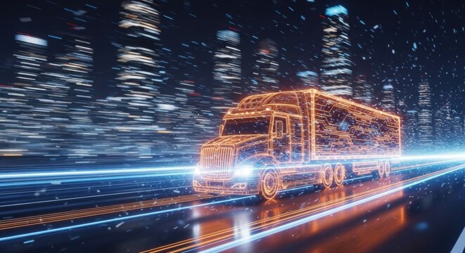 Futuristic Truck Concept: Digital Lorry Speeding Through Neon Cityscape at Night - Powered by Adobe