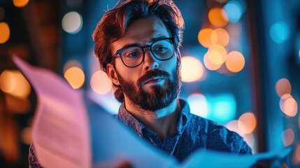 Bearded man in glasses analyzing documents under the neon lights atmosphere