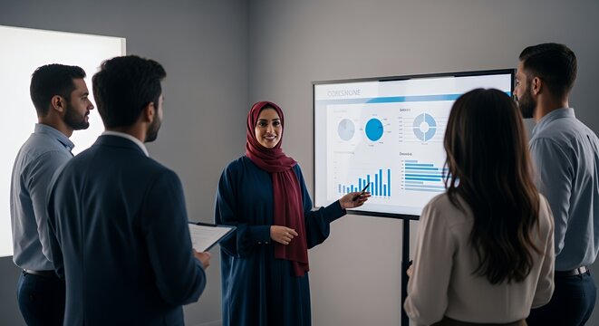 A female professional confidently presents financial data on a large screen to a diverse group of colleagues during a business meeting. - Powered by Adobe