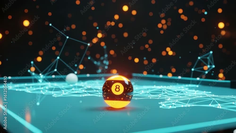 Poster a vibrant digital illustration showcasing an eight ball on a futuristic pool table surrounded by glo