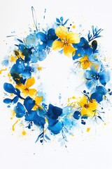 Abstract wildflower wreath in vibrant blue and yellow tones, painted wet-on-wet with splatter effects, featuring delicate floral details and artistic brushstrokes.