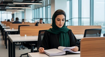 A young woman in a hijab diligently studies a large book at her desk in a modern, bright .