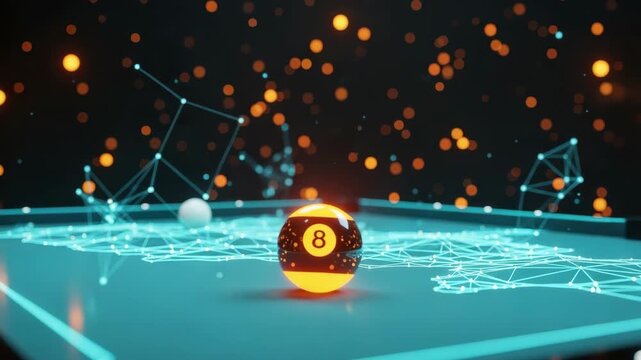 A vibrant digital illustration showcasing an eight ball on a futuristic pool table surrounded by glowing geometric lines and particles symbolizing the fusion of technology and gaming