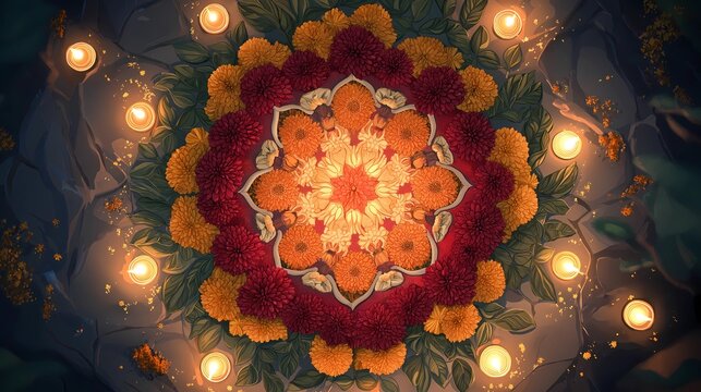 Diwali rangoli designs with flowers and candles for festival of lights